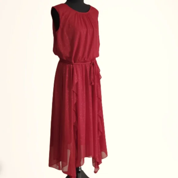 RED SLEEVELESS GLITTER COCKTAIL MIDI DRESS ( SIZE 14 ) - Picture 1 of 6